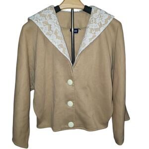 Honey Cropped Tan Cardigan M/L Sailor Collar Lace Cream Buttons Dolman Sleeve